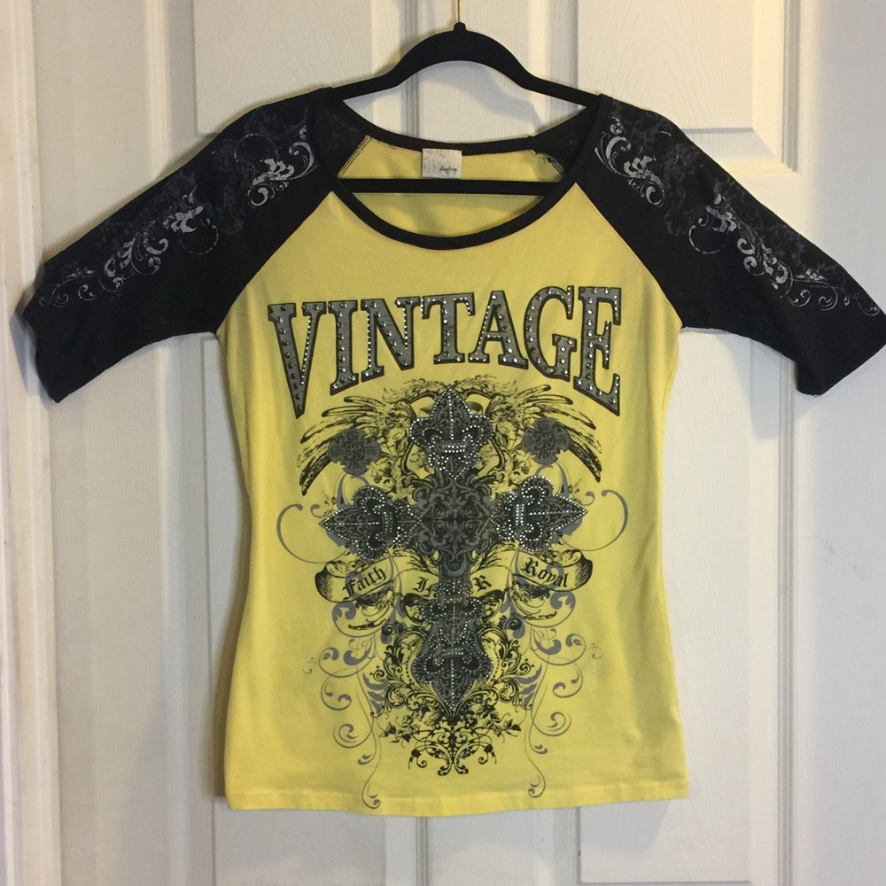Yellow w Black 3/4 Length Sleeve Tee, Vintage M/L